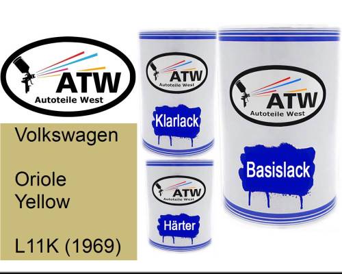 Volkswagen, Oriole Yellow, L11K (1969): 500ml Lackdose + 500ml Klarlack + 250ml Härter - Set, von ATW Autoteile West.